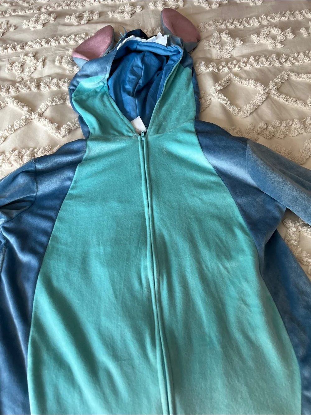 Disney Blue Stitch Hooded Plush Kids Onesie with Pink Ear Lining